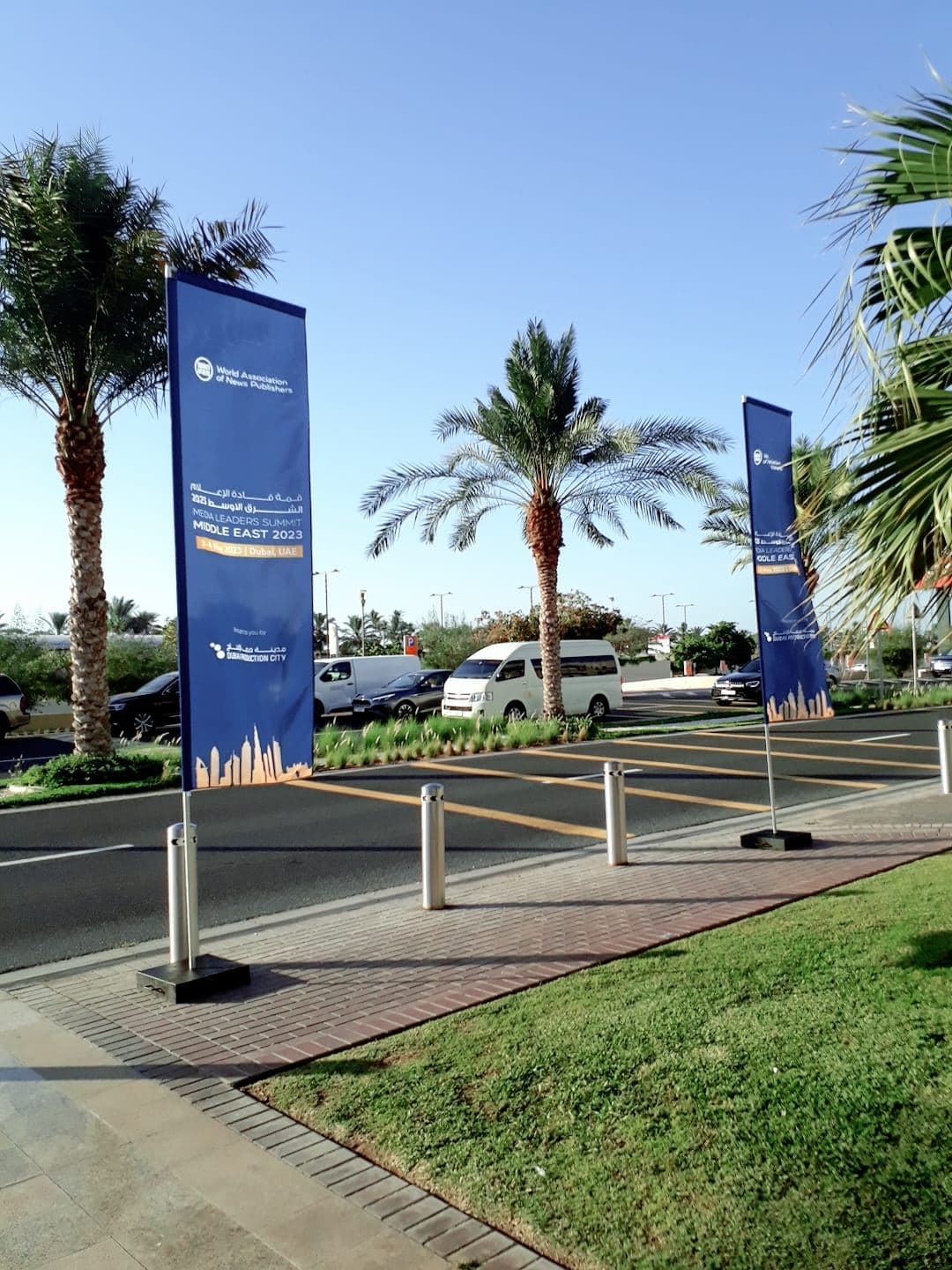 Blue printed flags beside palm trees on a city road