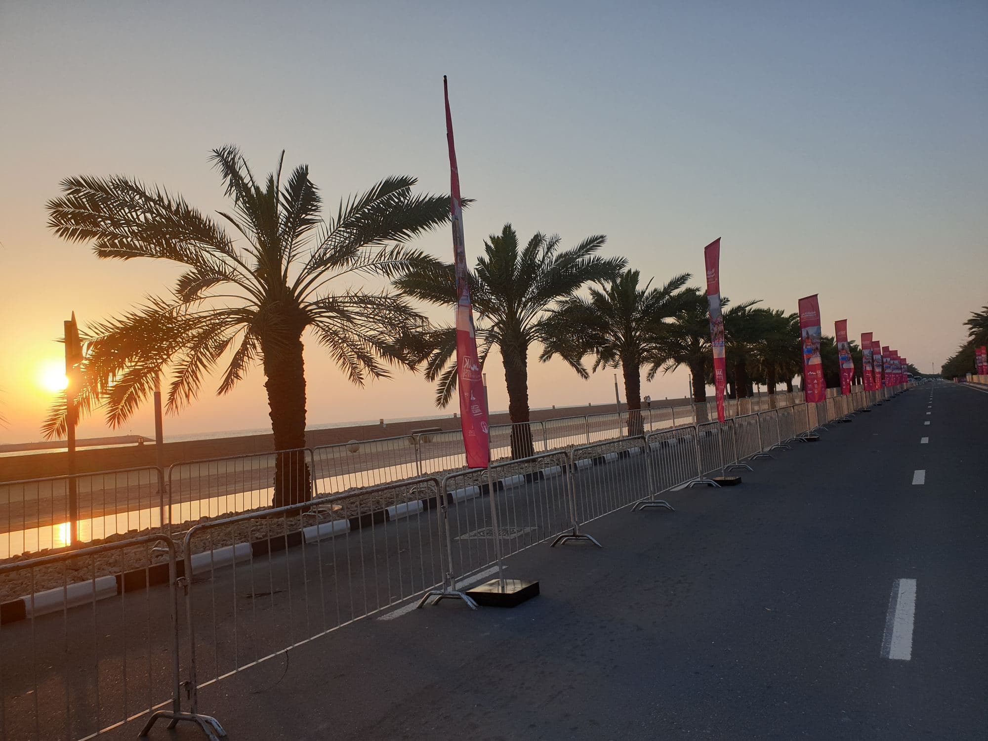 A row of printed flags along a seafront road at dusk