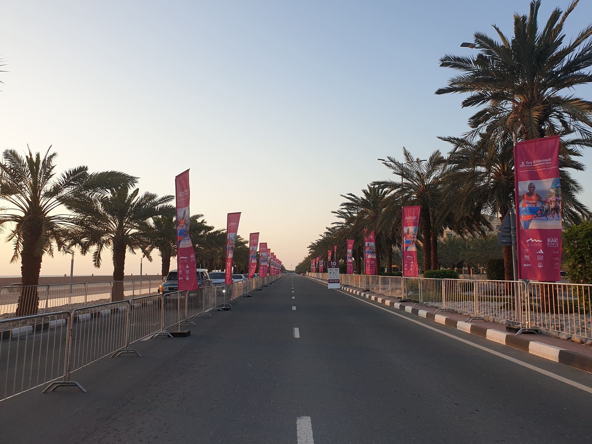 Printed flags on poles lining both sides of a road at sunset