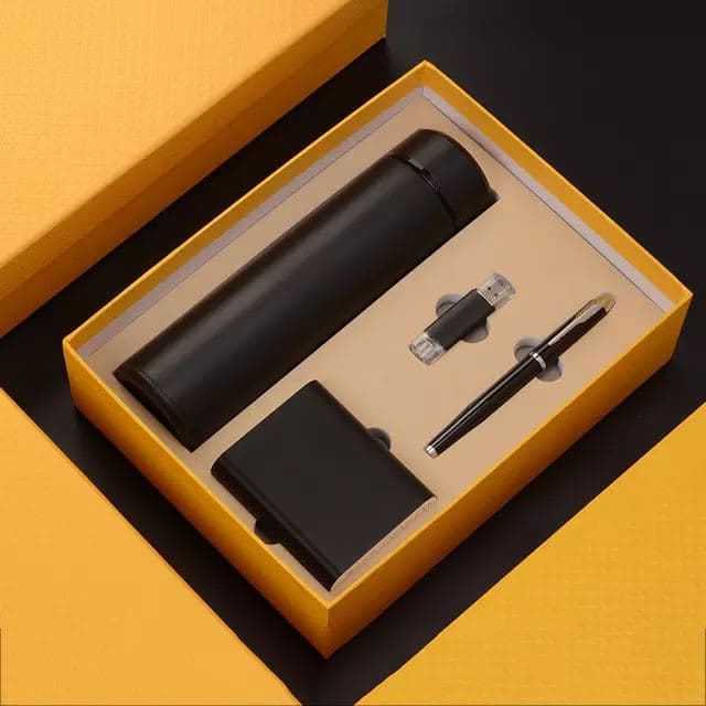 A black corporate gift set with flask and pen